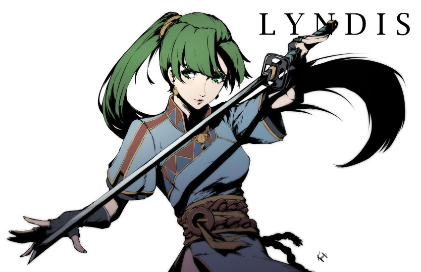 1girl asymmetrical_bangs black_gloves blue_dress breasts character_name commentary dress earrings english_commentary eyelashes female_focus fingerless_gloves fire_emblem fire_emblem:_the_blazing_blade gloves green_eyes green_hair hair_blowing highleg highres holding holding_sword holding_weapon jewelry katana kuno_(runkunochan) long_hair looking_to_the_side lyn_(fire_emblem) matching_hair/eyes medium_breasts nintendo open_hand parted_lips ponytail sash shadow short_sleeves signature simple_background soejima_shigenori_(style) solo sword undershirt upper_body weapon white_background