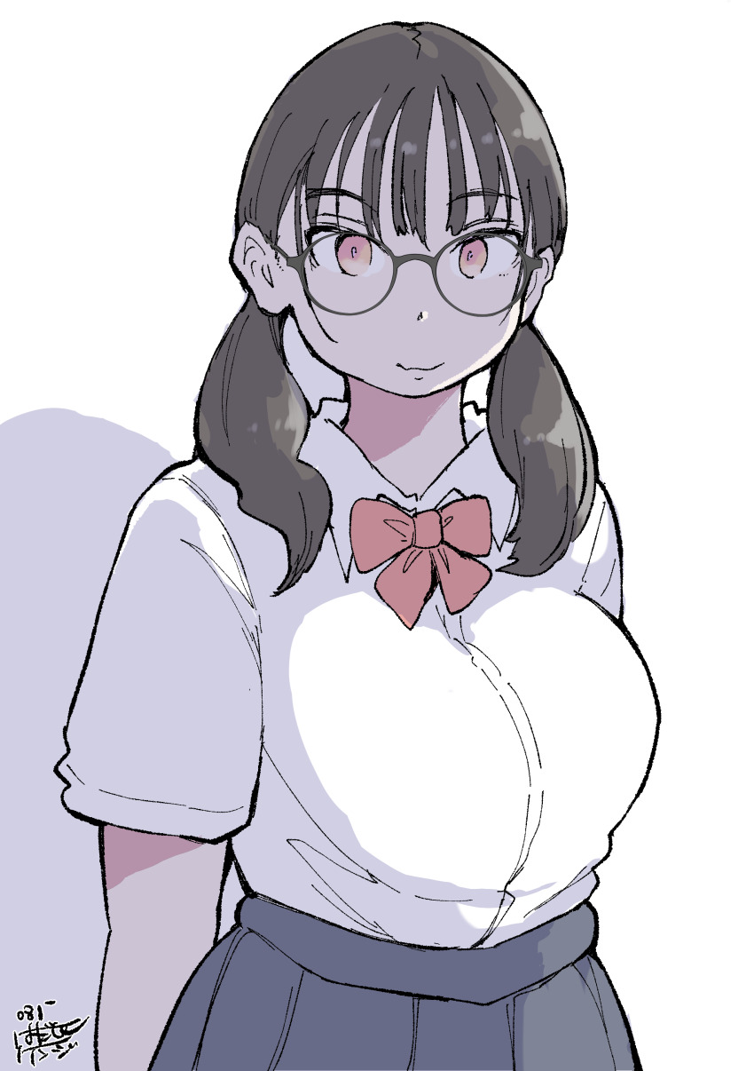 1girl absurdres arms_at_sides bow bowtie breasts brown_eyes brown_hair closed_mouth collared_shirt glasses grey_skirt hadashi_no_kenji highres large_breasts light_smile long_hair looking_at_viewer low_twintails original pleated_skirt red_bow red_bowtie school_uniform shadow shirt short_sleeves simple_background skirt smile solo twintails upper_body white_background white_shirt