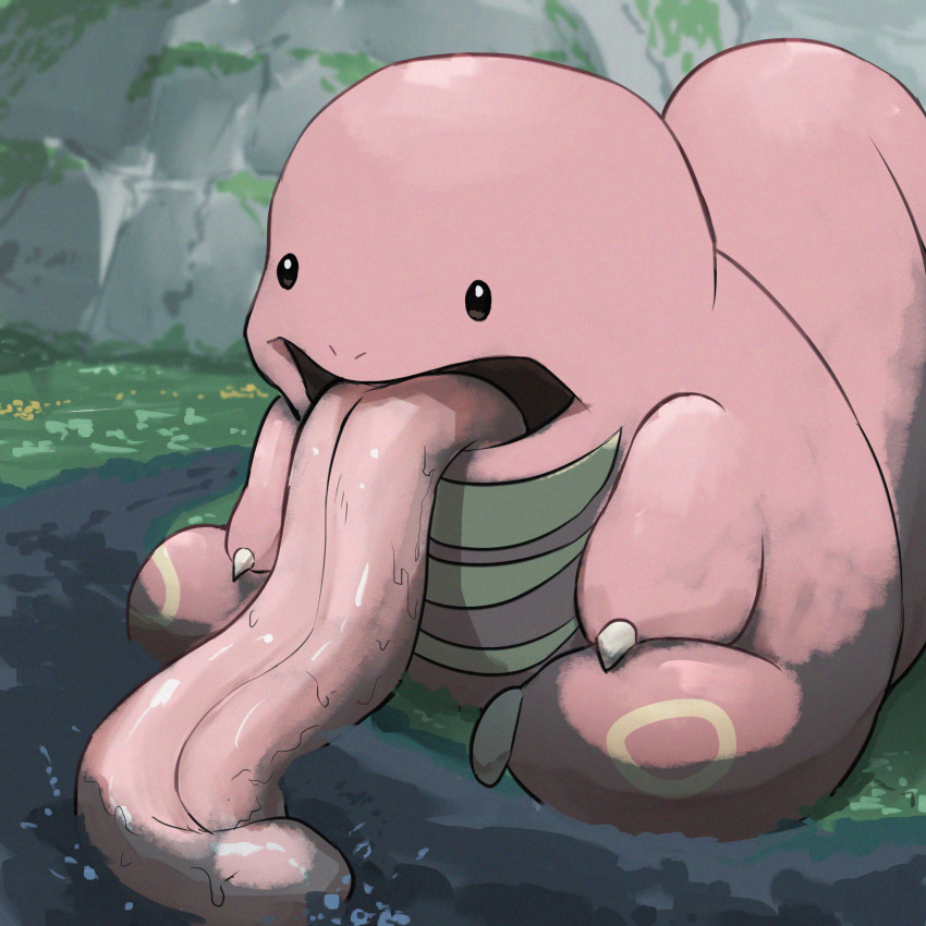 absurdres colored_skin creatures_(company) game_freak gen_1_pokemon highres lickitung long_tongue nintendo no_humans open_mouth outdoors pink_skin pokemon pokemon_(creature) sitting solo spicyichizo tongue tongue_out very_long_tongue water