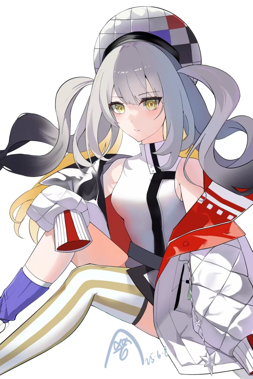 1girl almix_o asymmetrical_legwear bare_shoulders commentary dated dress fate/grand_order fate_(series) grey_hair hand_on_own_knee hat highres jacket long_hair looking_at_viewer marie_antoinette_(fate) marie_antoinette_alter_(fate) marie_antoinette_alter_(first_ascension)_(fate) mismatched_legwear multiple_girls off_shoulder open_clothes open_jacket signature simple_background solo symbol-only_commentary twintails uneven_legwear white_background white_dress white_hat white_jacket yellow_eyes