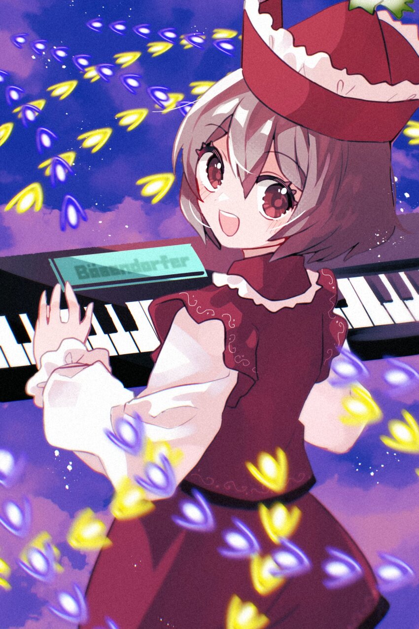 1girl :d blush brown_hair frilled_hat frilled_vest frills from_behind hair_between_eyes hair_ornament happy hat highres instrument katsuragi_atori keyboard_(instrument) long_sleeves looking_at_viewer looking_back lyrica_prismriver music open_mouth playing_instrument pointy_hat puffy_sleeves red_eyes red_hat red_vest shirt shooting_star_hair_ornament short_hair sky smile solo standing star_(symbol) star_hair_ornament touhou upper_body vest