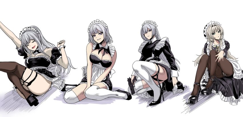 4girls ak-12_(girls&#039;_frontline) ak-15_(girls&#039;_frontline) alternate_costume an-94_(girls&#039;_frontline) apron aqua_eyes arm_up black_pantyhose black_thighhighs blonde_hair breasts choebal1356201 cleavage closed_eyes closed_mouth commentary defy_(girls&#039;_frontline) detached_collar dress english_commentary full_body garter_straps girls&#039;_frontline grey_hair gun hair_over_one_eye high_heels highres holding holding_gun holding_weapon leg_up legs long_hair long_sleeves looking_at_viewer maid maid_apron maid_headdress medium_breasts medium_hair multiple_girls on_floor open_mouth panties panties_under_pantyhose pantyhose pantyshot ponytail purple_eyes rpk-16_(girls&#039;_frontline) serious short_sleeves sidelocks simple_background sitting small_breasts smile strapless strapless_dress thighhighs thighs underwear weapon white_background white_panties white_thighhighs white_wrist_cuffs wrist_cuffs