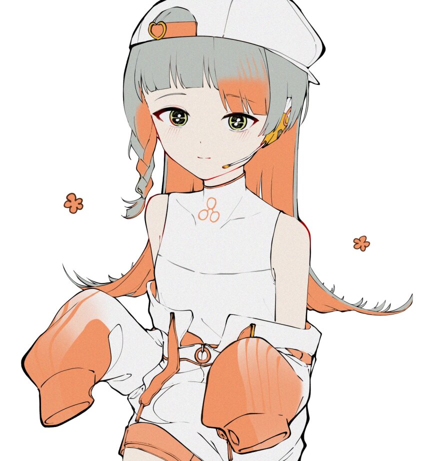 1girl bare_shoulders chis-a colored_inner_hair commentary dress grey_hair hat highres jacket jacket_partially_removed mob_cap multicolored_hair official_alternate_costume orange_hair simple_background sleeveless sleeveless_dress sleeves_past_fingers sleeves_past_wrists solo symbol-only_commentary symbol-shaped_pupils tete_(rip_gnkr39) voisona white_background white_dress white_jacket