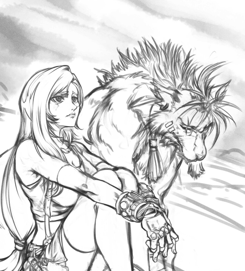 1boy 1girl animal animal_earrings bare_shoulders beads breasts cleavage crop_top elbow_gloves facial_mark feet_out_of_frame final_fantasy final_fantasy_vii final_fantasy_vii_rebirth final_fantasy_vii_remake fingerless_gloves furrowed_brow gloves hair_beads hair_ornament highres hugging_own_legs large_breasts long_hair looking_up low-tied_long_hair midriff miniskirt mochi_mangaka red_xiii sad scar scar_across_eye scar_on_face shirt shorts shorts_under_skirt sidelocks sitting sketch skirt sleeveless sleeveless_shirt sports_bra suspenders thighhighs tifa_lockhart unfinished
