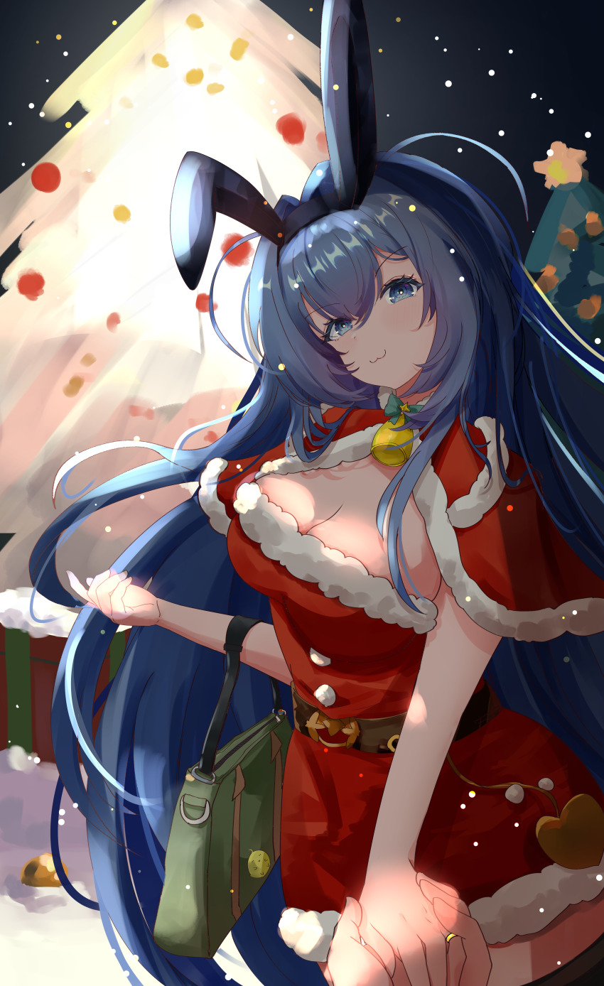 1girl 1other :3 absurdres alternate_costume animal_ears azur_lane bag bell belt bird blue_eyes blue_hair breasts brown_belt capelet chick christmas christmas_ornaments christmas_present christmas_tree cleavage commentary_request dress eliminate fake_animal_ears fur-trimmed_capelet fur-trimmed_dress fur_trim gift green_necktie hair_intakes handbag heart highres holding holding_hands jewelry large_breasts long_hair manjuu_(azur_lane) neck_bell necktie new_jersey_(azur_lane) night pom_pom_(clothes) pov pov_hands rabbit_ears red_capelet red_dress ring santa_costume santa_dress smile snow very_long_hair wedding_ring