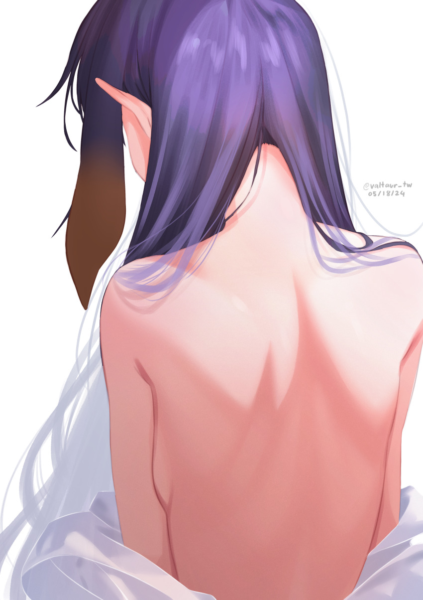1girl absurdres bare_back breasts dated facing_away from_behind gradient_hair hair_over_shoulder hashtag-only_commentary highres hololive hololive_english long_hair median_furrow multicolored_hair nape ninomae_ina&#039;nis orange_hair partially_undressed pointy_ears purple_hair sideboob sidelocks simple_background solo tentacle_hair twitter_username upper_body valtaur virtual_youtuber white_background