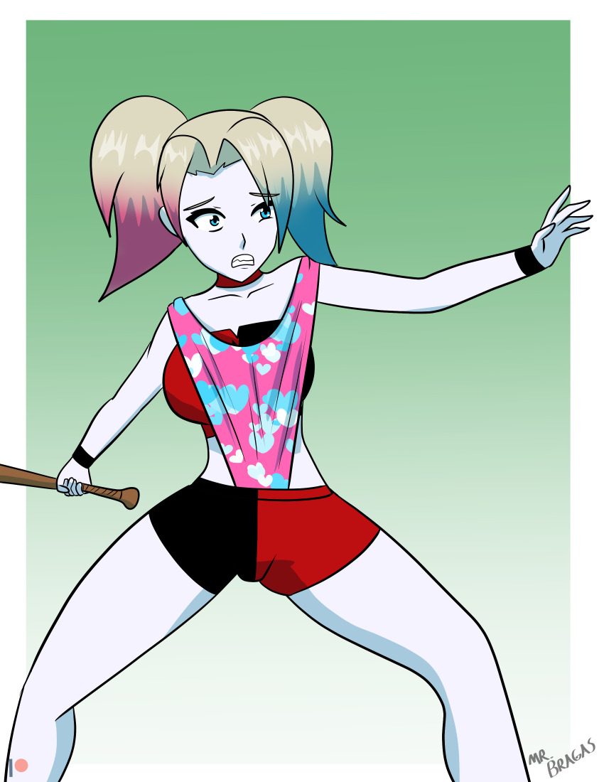 absurdres blonde_hair blue_eyes blue_hair bracelet choker colored_skin dc_comics harley_quinn highres jewelry mrbragas multicolored_hair panties pink_hair shoulder_wedgie underwear wedgie white_skin