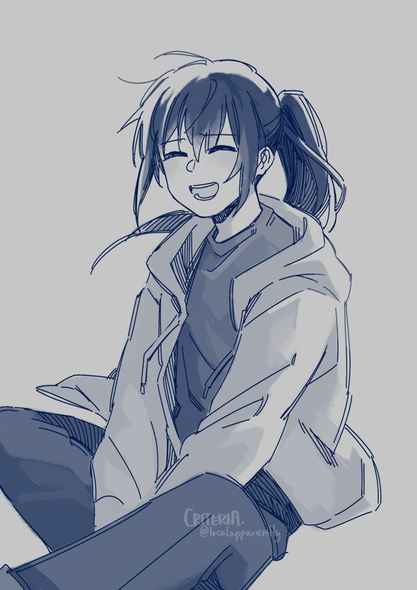 1girl absurdres closed_eyes criteria facing_viewer figure_four_sitting floating_hair grin high_ponytail highres hood hood_down jacket lee_jihye omniscient_reader&#039;s_viewpoint ponytail shirt sidelocks sitting smile solo