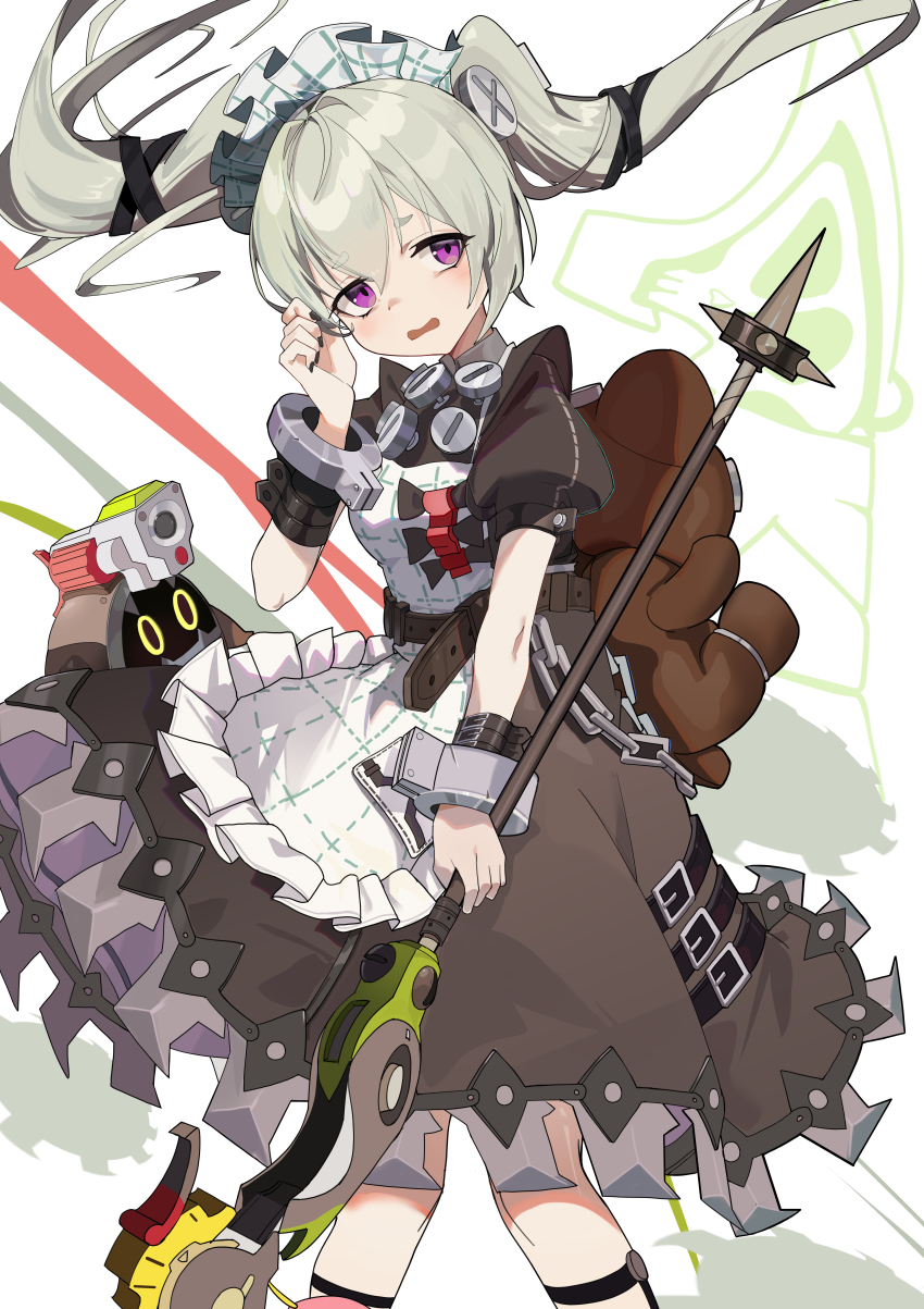 1girl absurdres animal_bag apron bangboo_(zenless_zone_zero) bangvolver_(zenless_zone_zero) bear_bag belt black_dress black_nails breasts brown_belt chain chinese_commentary circular_saw commentary_request corin_wickes cuffs dress green_hair hair_between_eyes highres holding holding_weapon long_hair looking_at_viewer maid maid_apron maid_headdress partial_commentary puffy_short_sleeves puffy_sleeves purple_eyes saw screw_hair_ornament short_sleeves simple_background twintails weapon weeyi_33929439 zenless_zone_zero