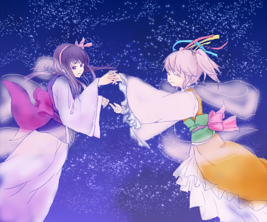 2girls ^_^ akemi_homura black_hair bow closed_eyes colored_eyelashes cosplay dress hagoromo hair_ribbon hikoboshi hikoboshi_(cosplay) holding_hands interlocked_fingers japanese_clothes kaname_madoka kimono long_hair long_sleeves looking_at_another looking_at_viewer mahou_shoujo_madoka_magica mahou_shoujo_madoka_magica_(anime) multiple_girls obi orihime_(cosplay) orihime_(tanabata) outstretched_arms pink_bow pink_dress pink_hair purple_eyes ribbon sash shawl short_hair short_twintails smile space sparkle star_(symbol) tanabata twintails wide_sleeves yuri