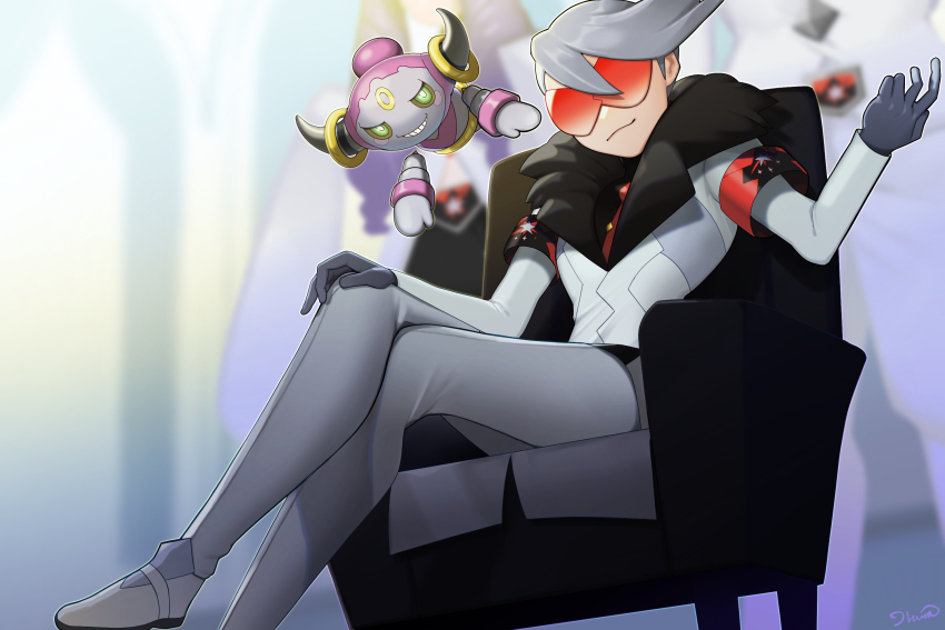 1boy armband black_shirt blurry chair coat commentary_request crossed_legs from_below fur-trimmed_coat fur_trim gen_6_pokemon gloves grey_gloves highres hoopa hoopa_(confined) ikura_(downdexp) lear_(pokemon) legendary_pokemon long_sleeves male_focus mythical_pokemon necktie nintendo pants pokemon pokemon_(creature) pokemon_masters_ex red_necktie shirt shoes sitting sunglasses white_coat white_footwear white_pants