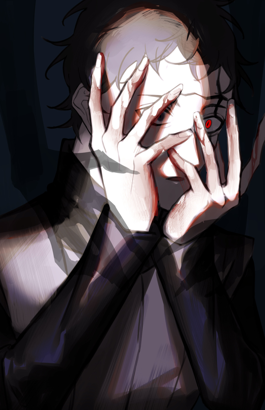 1boy absurdres black_clover black_shirt blue_eyes brown_vest covering_face frit_2 hands_on_another&#039;s_shoulders hands_up heterochromia highres male_focus portrait possessed red_eyes shadow_hands shirt slit_pupils solo spirit spotlight vest aged_down zenon_zogratis