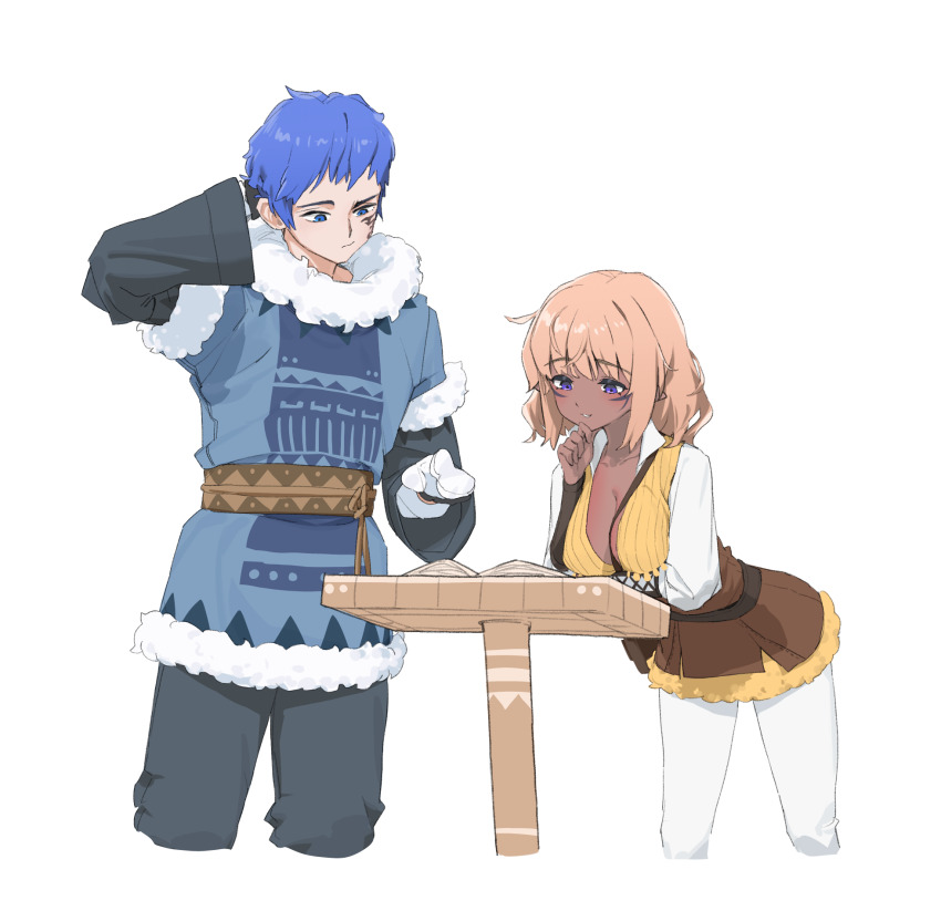 1boy 1girl age_difference book elf giant highres kiyoung_park looking_down mabinogi muiriol onee-shota pointy_ears simple_background table thinking