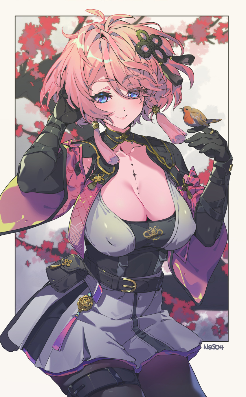 1girl absurdres belt black_gloves black_pantyhose breasts cleavage gloves hair_ornament hair_over_one_eye highres large_breasts looking_at_viewer medium_hair naso4 pantyhose pink_hair purple_eyes robin_(bird) smile solo taoqi_(wuthering_waves) tassel wuthering_waves
