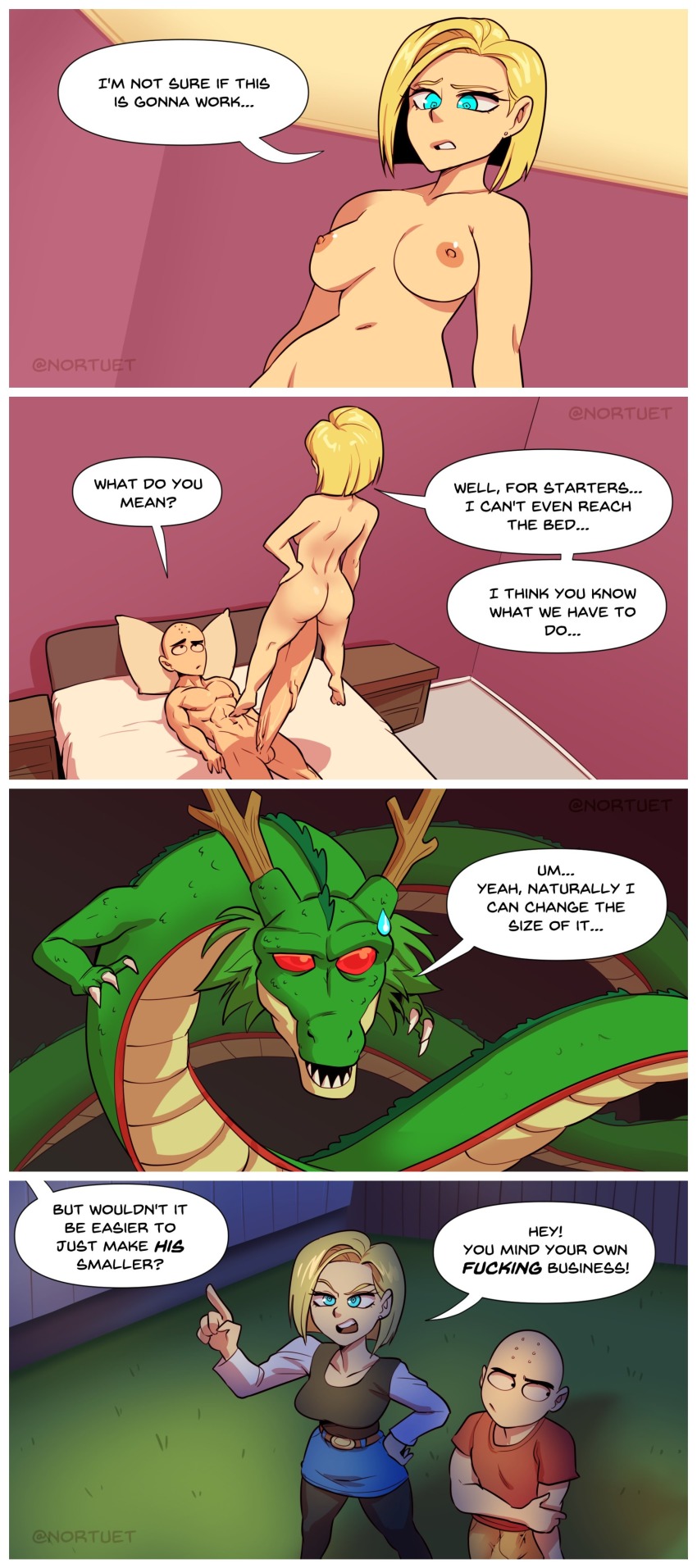 1boy 1girl absurdres android_18 ass bald bed blonde_hair breasts cleavage comic dragon dragon_ball dragonball_z embarrassed english_text erection highres kuririn large_penis lying medium_breasts medium_hair nipples nortuet nude on_back on_bed open_mouth penis shenron simple_background veins veiny_penis wide_hips