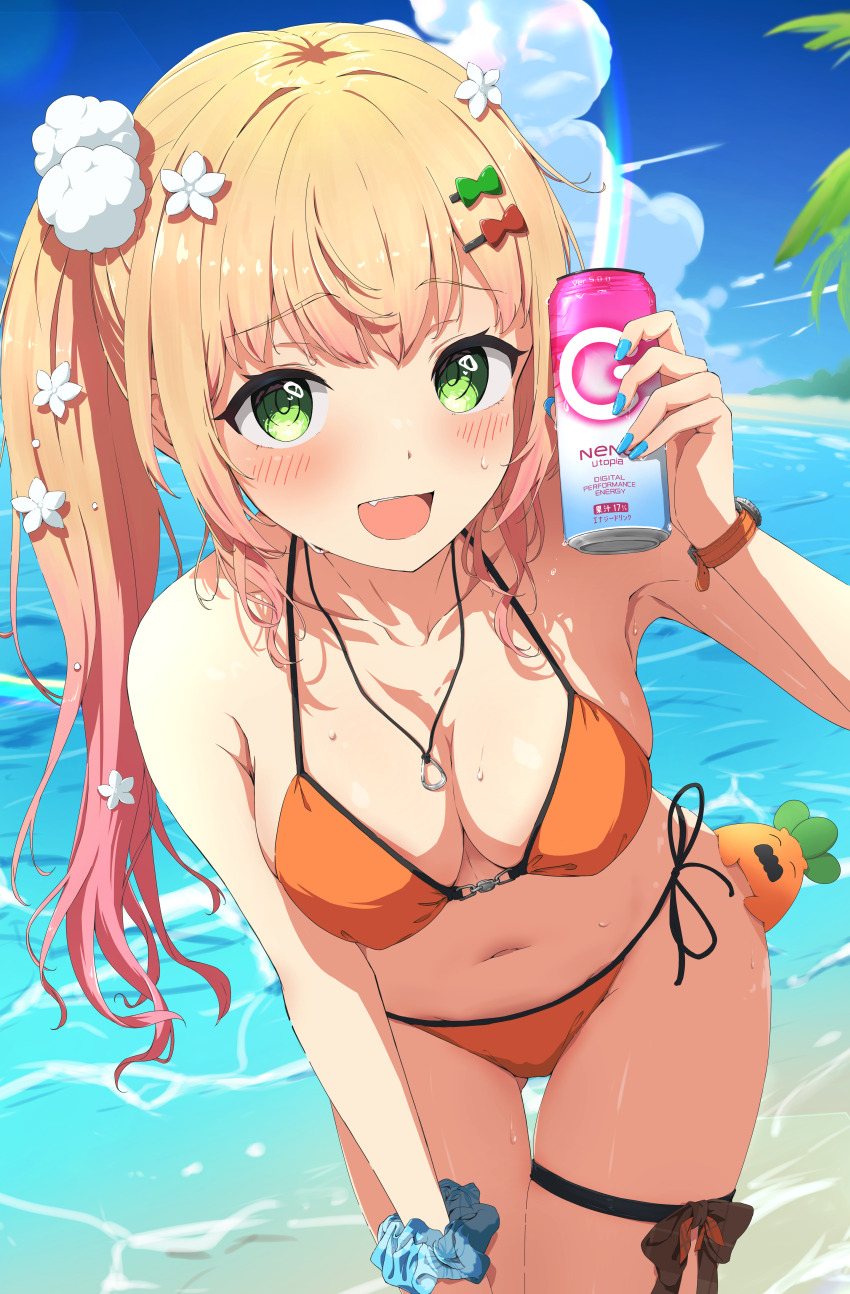 1girl absurdres alternate_costume arm_up beach bikini blonde_hair blue_scrunchie blue_sky bow breasts brown_bow cloud cloudy_sky commentary_request drink fang flower front-tie_bikini_top front-tie_top gradient_hair green_eyes hair_flower hair_ornament hair_over_shoulder hairclip highres holding holding_drink hololive hunched_over jewelry large_breasts long_hair looking_at_viewer mascot momosuzu_nene multicolored_hair navel necklace nekko_(momosuzu_nene) nokino_shida ocean official_alternate_hairstyle open_mouth orange_bikini outdoors palm_tree partial_commentary pink_hair scrunchie side-tie_bikini_bottom side_ponytail sidelocks sky smile stomach swimsuit thigh_bow thigh_strap tree virtual_youtuber watch wet white_flower wrist_scrunchie wristwatch