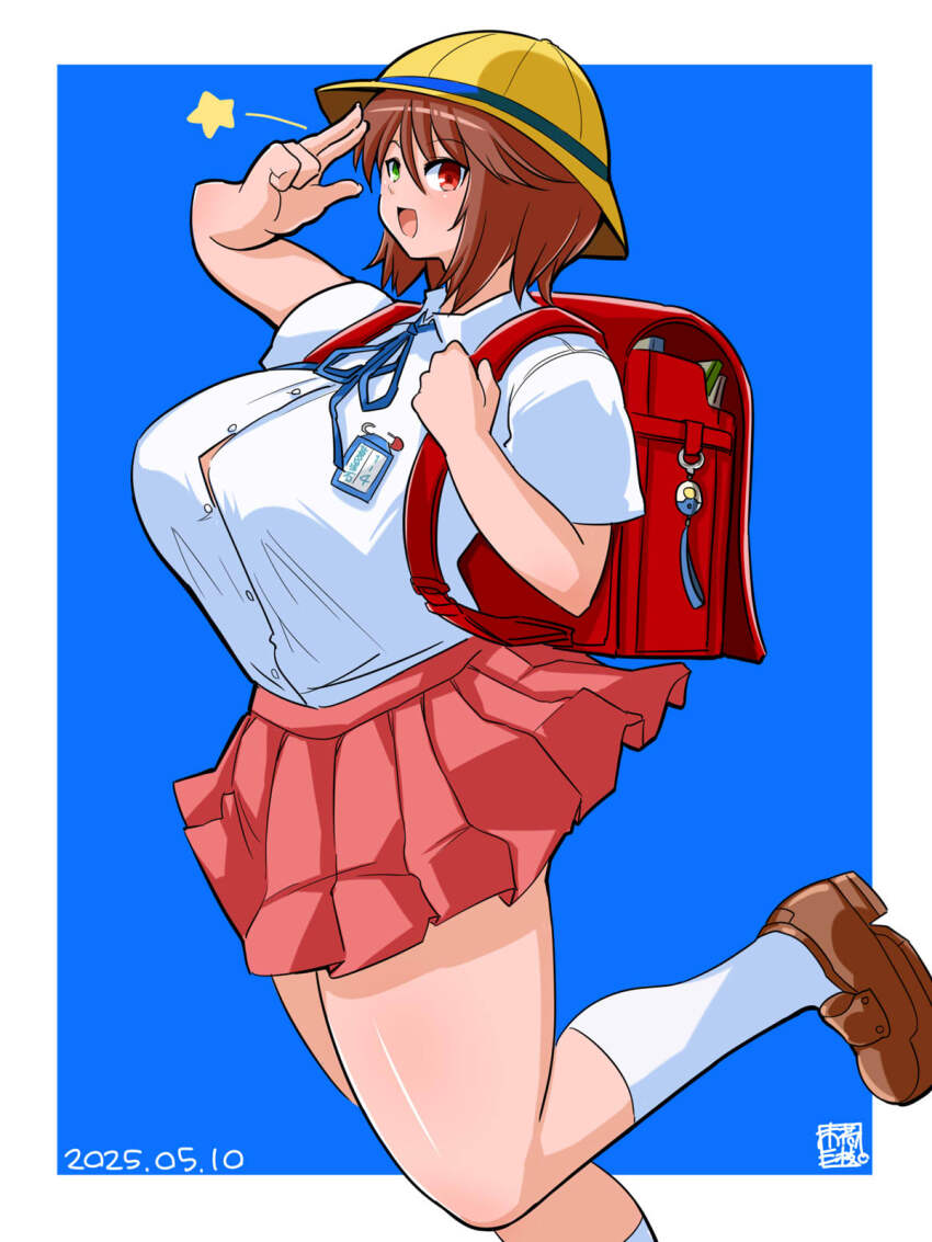 1girl alternate_breast_size alternate_costume backpack bag blue_background blue_ribbon blush breasts brown_hair button_gap collared_shirt commentary_request crime_prevention_buzzer dated foot_out_of_frame green_eyes hat heterochromia highres holding_strap huge_breasts itini-sanshi kindergarten_uniform large_breasts loafers looking_at_viewer neck_ribbon official_alternate_costume open_mouth pink_skirt pleated_skirt randoseru red_eyes ribbon rozen_maiden school_hat school_uniform shirt shoes short_hair simple_background skirt smile solo souseiseki standing standing_on_one_leg star_(symbol) tented_shirt two-tone_background white_background white_shirt