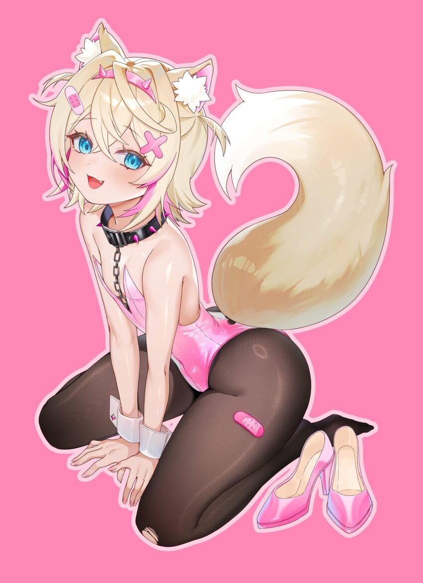 1girl absurdres alternate_costume animal_ear_fluff animal_ears bandaid bandaid_hair_ornament black_pantyhose blonde_hair blue_eyes breasts collar dog_ears dog_girl dog_tail hair_ornament hairband hashtag-only_commentary highleg highleg_leotard highres hololive hololive_english horn_hairband leotard looking_at_viewer mococo_abyssgard multicolored_hair open_mouth pantyhose pink_background pink_hair pink_hairband pink_leotard simple_background small_breasts solo spiked_collar spikes streaked_hair tail tjrwnsleo torn_clothes torn_pantyhose virtual_youtuber wrist_cuffs x_hair_ornament