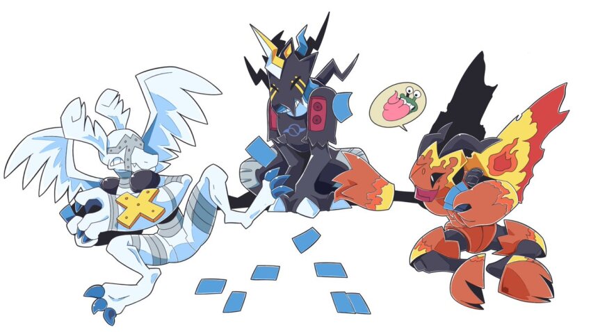armor bandages digimon digimon_(creature) gargomon lighdramon looking_at_another numemon shadramon teeth wings