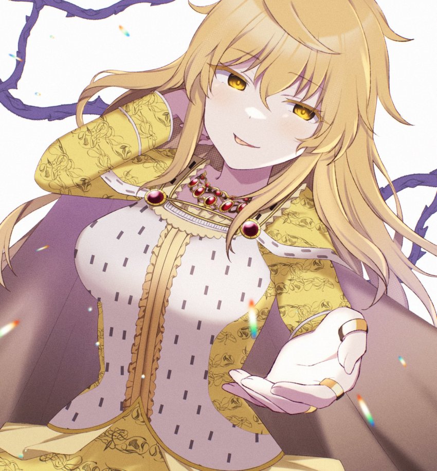 1girl adjusting_hair ahoge blonde_hair breasts cape colored_eyelashes commission cowlick dress fujishiro_emyu gem highres isabeau_de_baviere_(madoka_magica) jewelry large_breasts licking_lips long_dress long_hair long_sleeves magia_record:_mahou_shoujo_madoka_magica_gaiden mahou_shoujo_madoka_magica mahou_shoujo_tart_magica messy_hair necklace plant queen reaching reaching_towards_viewer ring ringed_eyes royal_robe skeb_commission smile solo tongue tongue_out vines wavy_hair white_background yellow_dress yellow_eyes