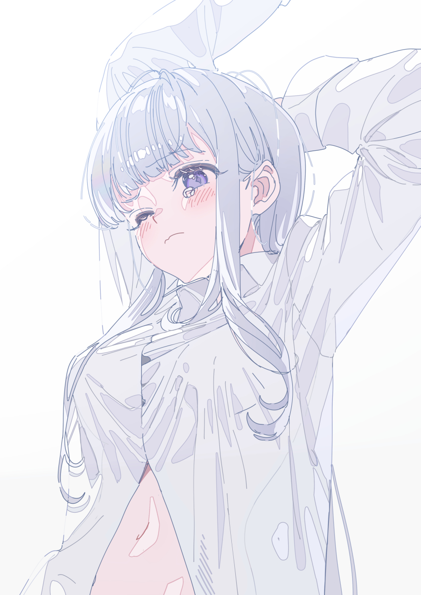 1girl a20_(atsumaru) absurdres arm_up ayatsuno_yuni highres long_hair navel one_eye_closed partially_unbuttoned purple_eyes shirt stellive tears virtual_youtuber white_background white_hair white_shirt