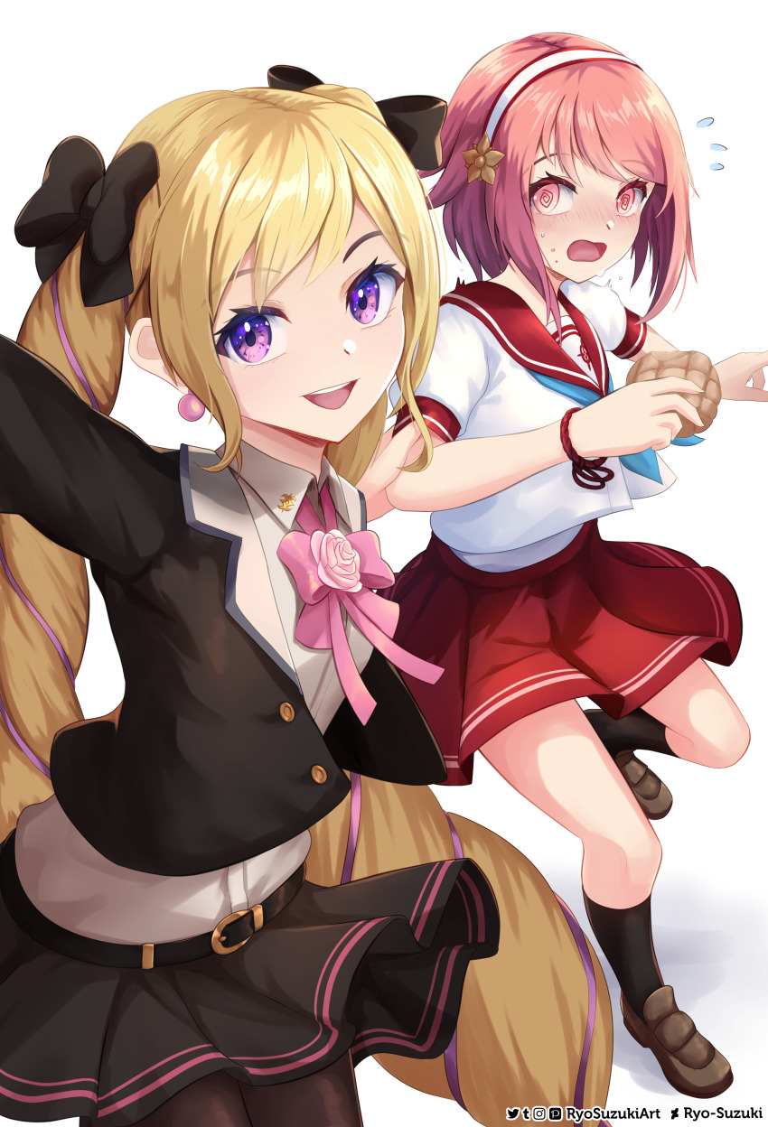 2girls absurdres alternate_costume black_bow blonde_hair bow drill_hair earrings elise_(fire_emblem) fire_emblem fire_emblem_fates hair_bow hairband highres jewelry multicolored_hair multiple_girls nintendo pink_eyes pink_hair purple_eyes purple_hair ryo-suzuki sakura_(fire_emblem) school_uniform streaked_hair twin_drills twintails