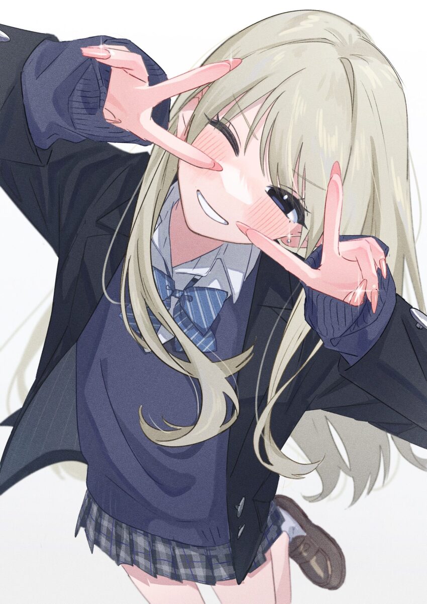 1girl absurdres black_skirt blonde_hair blue_bow blue_bowtie blue_eyes blush bow bowtie brown_shoes collared_shirt double_v ear_piercing fingernails grin hamafugu highres long_fingernails long_hair long_sleeves looking_at_viewer one_eye_closed original piercing plaid_clothes plaid_skirt pleated_skirt second-party_source shirt shoes simple_background skirt smile socks solo v white_background white_shirt white_socks