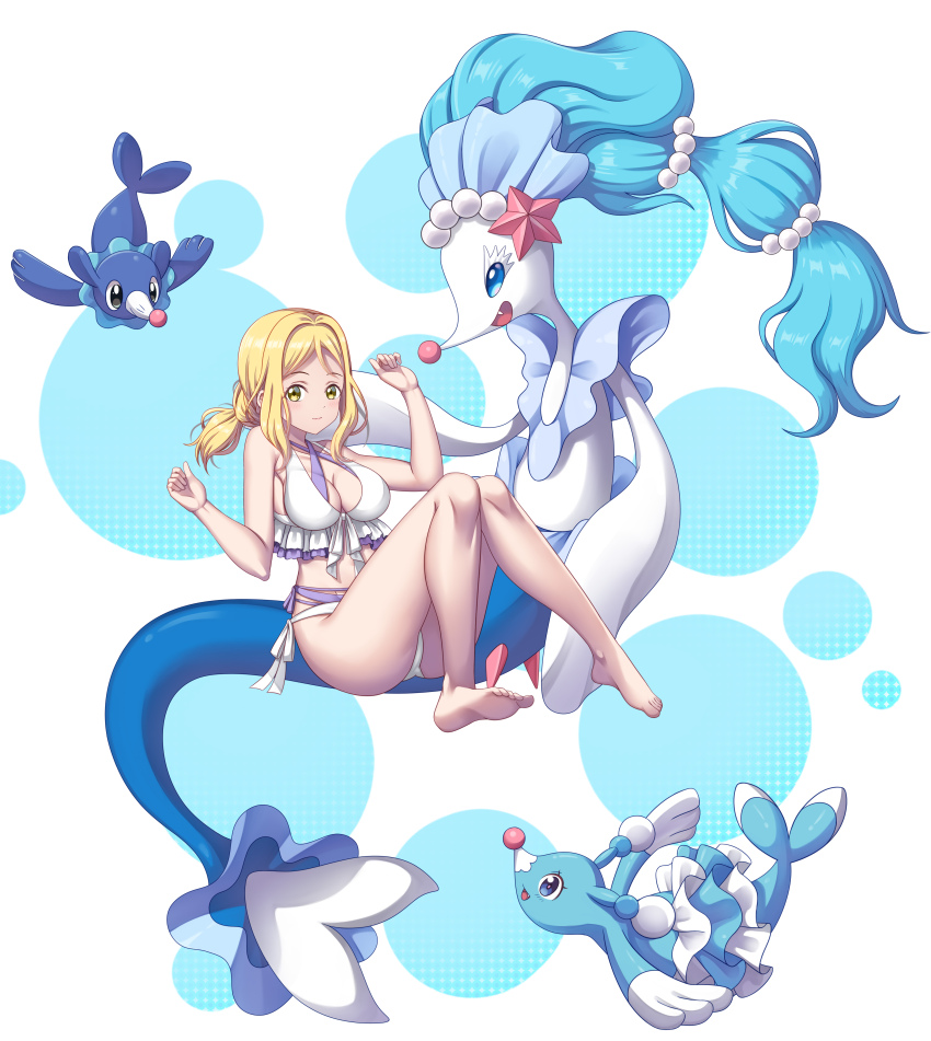 1girl absurdres alternate_hairstyle barefoot bikini birthday blonde_hair blue_eyes blue_hair breasts brionne cleavage collarbone commentary_request crossover evolutionary_line fang full_body gen_7_pokemon highres large_breasts long_hair looking_at_viewer love_live! love_live!_sunshine!! nintendo ohara_mari pokemon pokemon_(creature) ponytail popplio primarina red_nose swimsuit tsukimi_seiya yellow_eyes