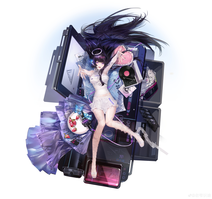 1girl absurdres black_hair blue_butterfly bug butterfly character_request food from_above fruit full_body girls&#039;_frontline girls&#039;_frontline_neural_cloud halo heart heart-shaped_pillow highres insect laowei_shi_tu looking_at_viewer lying on_back open_mouth outstretched_arms phonograph pillow purple_eyes record skirt solo strawberry watermark weibo_username weibo_watermark white_skirt