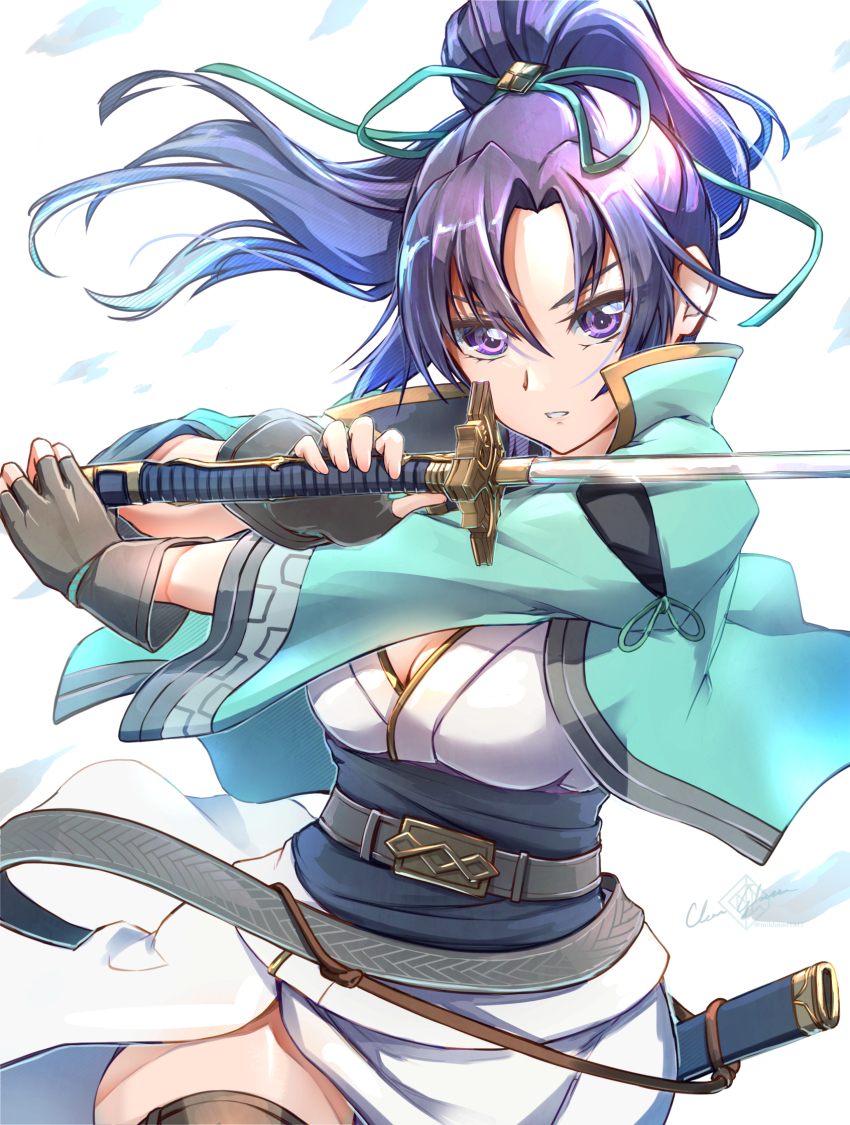 1girl breasts brown_gloves clear_glass_(mildmild1311) cleavage commentary_request dress fingerless_gloves fir_(fire_emblem) fir_(swordmaiden)_(fire_emblem) fire_emblem fire_emblem:_the_binding_blade fire_emblem_heroes gloves green_jacket green_ribbon hair_ribbon highres holding holding_sword holding_weapon jacket long_hair looking_at_viewer medium_breasts nintendo official_alternate_costume open_clothes open_jacket parted_lips ponytail purple_eyes purple_hair ribbon sheath signature solo sword weapon white_background white_dress