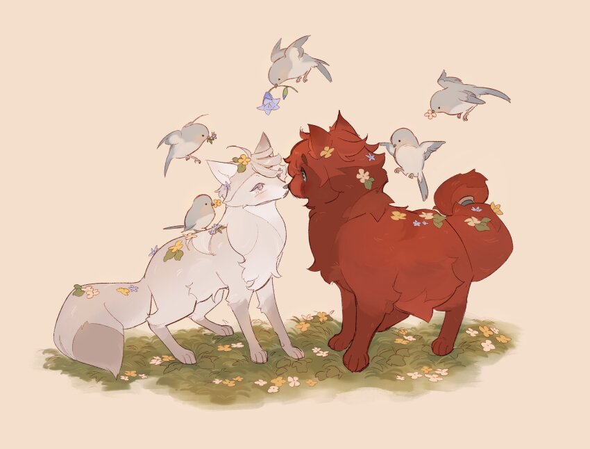 absurdres ahoge animalization bird commentary english_commentary eye_contact flower fox grass green_eyes grey_background grey_hair gundam gundam_suisei_no_majo hair_flower hair_ornament highres light_blush looking_at_another miorine_rembran no_humans noses_touching red_hair simple_background suletta_mercury tanukimo_imo white_hair yuri