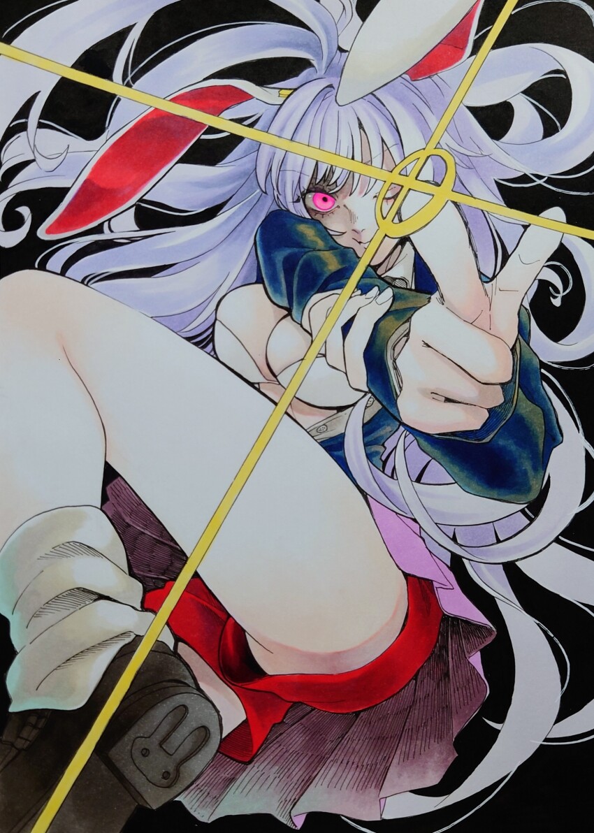 1girl :t absurdres animal_ears blazer bra breasts closed_mouth collared_shirt commentary_request finger_gun foot_out_of_frame foreshortening highres jacket large_breasts long_hair long_sleeves looking_at_viewer loose_socks one_eye_closed open_clothes open_jacket open_shirt pink_eyes pink_skirt pleated_skirt purple_hair rabbit_ears rabbit_girl red_shorts reisen_udongein_inaba shirt shorts skirt socks solo touhou traditional_media underwear very_long_hair white_bra white_shirt white_socks whoru