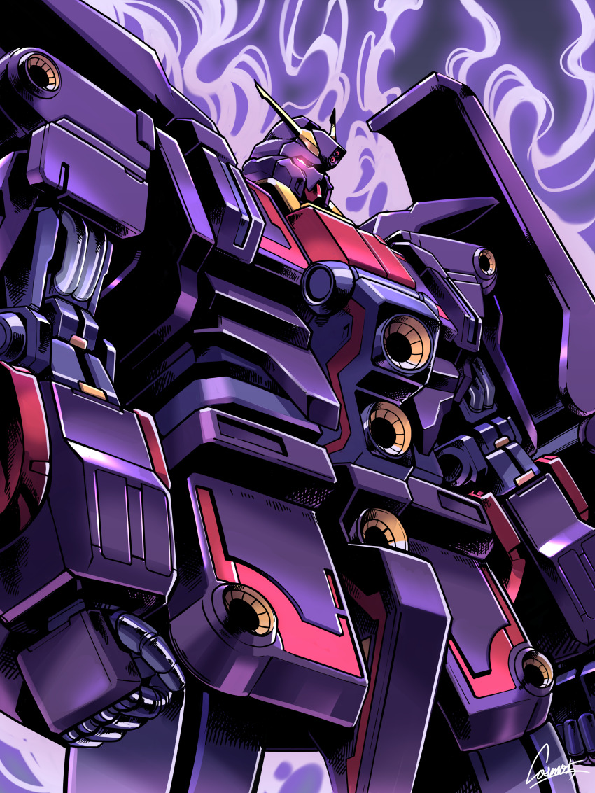 absurdres beam_cannon clenched_hand commentary cosmo-5 energy english_commentary glowing glowing_eyes gundam highres machinery mecha mecha_focus mobile_armor mobile_suit muzzle no_humans psyco_gundam_mk_ii red_eyes robot science_fiction signature titans_(gundam) v-fin zeta_gundam
