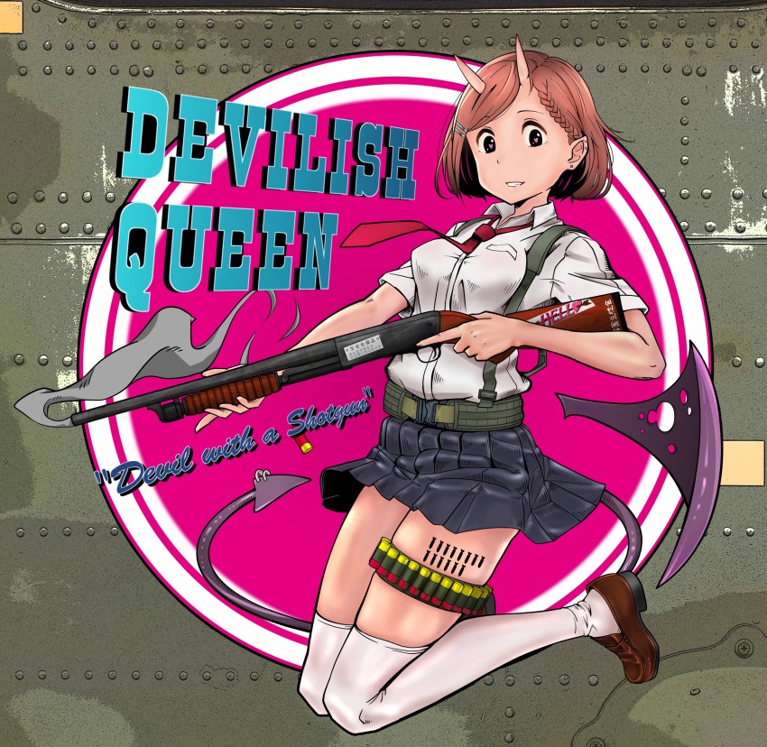1girl absurdres aircraft airplane ammunition_belt bomb braid breasts brown_eyes brown_hair camouflage casing_ejection demon_tail demon_wings earrings english_text explosive french_braid gun hair_ornament hairclip highres holding holding_gun holding_weapon horns jewelry killmark loafers looking_at_viewer medium_breasts necktie nose_art oni original over-kneehighs pointy_ears pump_action rivets school_uniform shell_casing shoes short_hair shotgun shotgun_shell skin-covered_horns smoke smoking_barrel solo strap stud_earrings tactical_clothes tail tally teddy_(takarada) thighhighs trigger_discipline weapon white_thighhighs wings