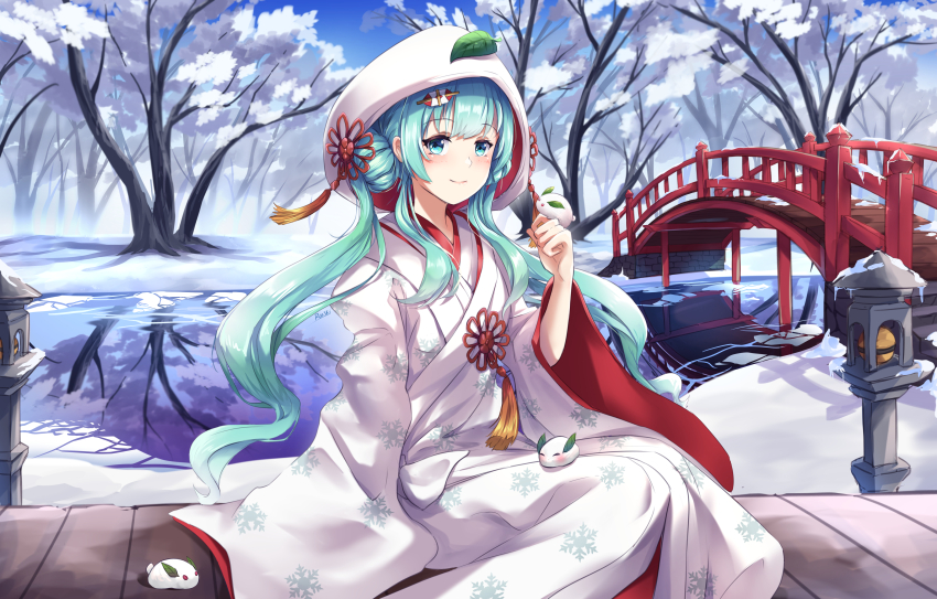 1girl absurdres aqua_eyes aqua_hair blush bridge closed_mouth hair_bun hair_ornament hatsune_miku highres japanese_clothes kimono lamppost leaf leaf_on_head long_hair long_sleeves looking_at_viewer official_alternate_costume official_alternate_hairstyle rea_skyart74 reflection reflective_liquid scenery shiromuku smile snow_on_tree snowflake_print snowflakes solo tree twintails uchikake vocaloid wataboushi white_kimono wide_sleeves winter wooden_bridge yuki_miku yuki_miku_(2013)