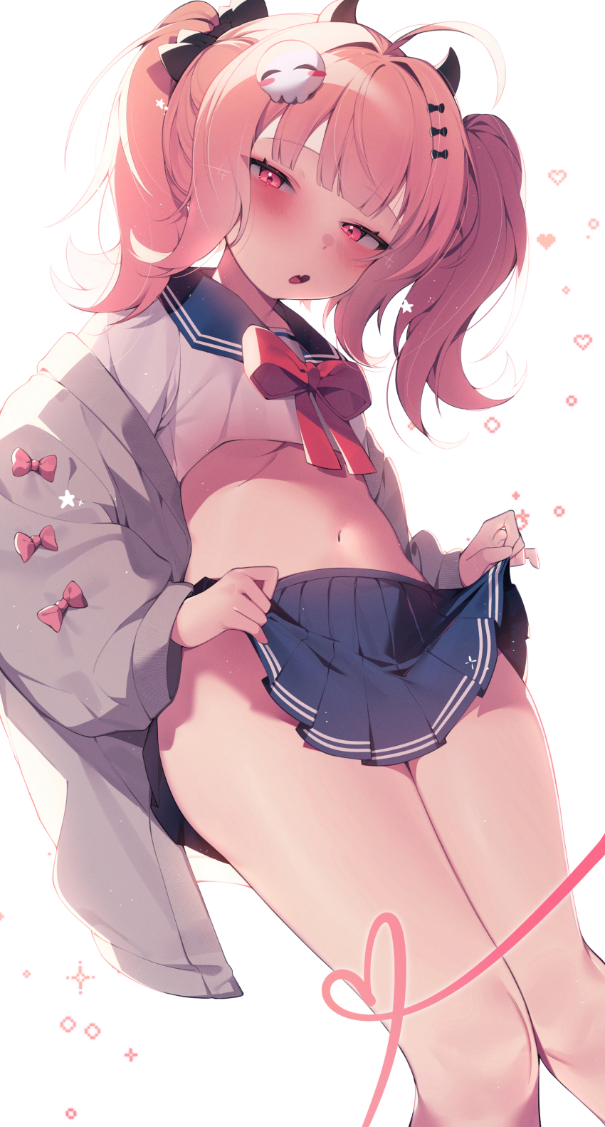 1girl absurdres black_ribbon blue_sailor_collar blue_skirt blush character_request clothes_lift copyright_request fang hair_ornament hair_ribbon hairpin highres jacket knees looking_at_viewer multiple_hairpins navel open_mouth orange_eyes pink_hair red_ribbon ribbon sailor sailor_collar sen_light skin_fang skirt skirt_lift solo stomach teeth thighs upper_teeth_only
