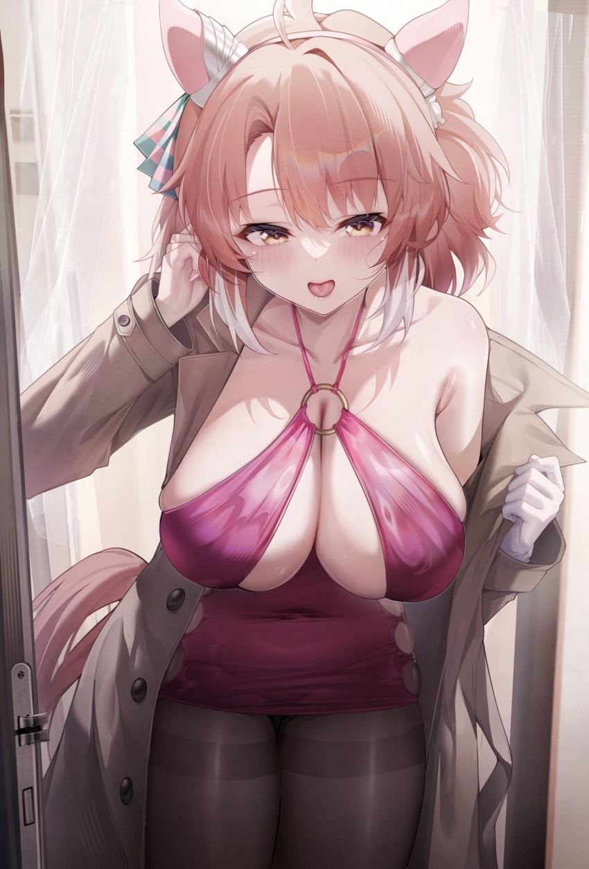 1girl :p alternate_costume animal_ears black_pantyhose bow breasts brown_coat coat commentary_request dantsu_flame_(umamusume) ear_covers ear_ribbon gloves highres horse_ears horse_girl horse_tail jihua_tong large_breasts leotard looking_at_viewer multicolored_hair o-ring o-ring_leotard o-ring_top open_clothes open_coat pantyhose pink_leotard solo tail thighband_pantyhose thighs tongue tongue_out two-tone_hair umamusume white_gloves white_hair