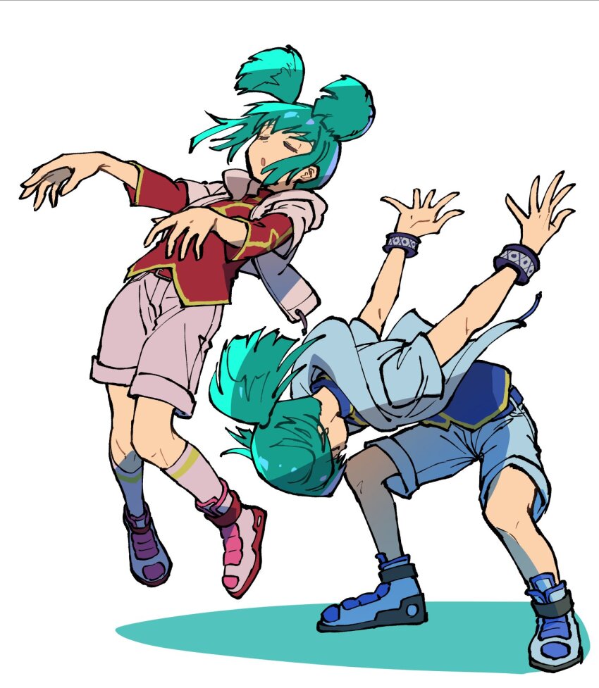 bent_over blue_jacket blue_shirt blue_shorts brother_and_sister closed_eyes green_hair hair_horns high_ponytail highres hood hood_down hooded_jacket jacket lua_(yu-gi-oh!) luca_(yu-gi-oh!) midair pink_jacket pink_shorts ponytail red_shirt shirt shorts siblings simple_background white_background youko-shima yu-gi-oh! yu-gi-oh!_5d&#039;s