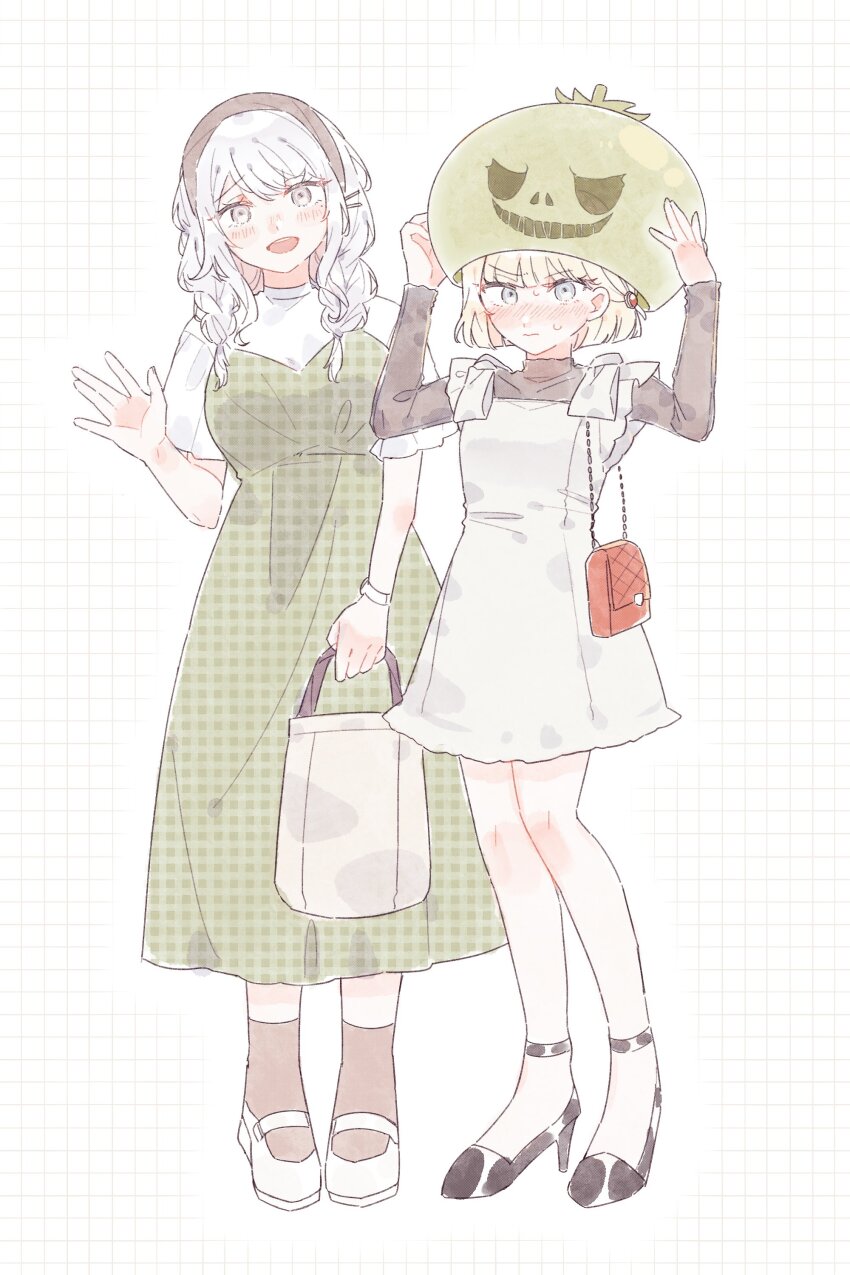 2girls \||/ absurdres arms_up bag black_shirt blonde_hair blush braid dress full_body green_dress grey_eyes grid_background hair_ornament hairband hand_up handbag hands_up high_heels highres holding holding_mask kirifuji_nozomi long_hair looking_at_viewer mask multiple_girls nose_blush oosuzuki_kurara red_bag shirt short_hair simple_background swtr_hndr the_hundred_line_-last_defense_academy- tomato twin_braids unworn_mask waving white_background white_bag white_dress white_hair