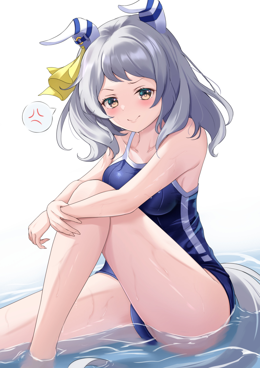 1girl absurdres animal_ears blue_one-piece_swimsuit breasts competition_school_swimsuit ear_covers grey_hair highres hishi_miracle_(umamusume) horse_ears horse_girl horse_tail maimuu medium_breasts medium_hair one-piece_swimsuit school_swimsuit simple_background solo swimsuit tail tracen_swimsuit umamusume water white_background yellow_eyes