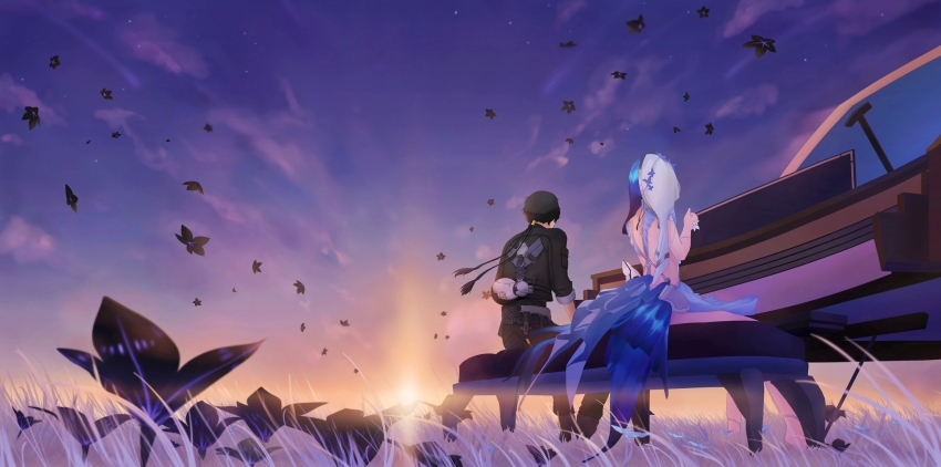 1boy 1girl absurdres adkls black_flower black_hair black_jacket black_pants blue_dress blue_sky blue_veil chair cloud cloudy_sky commentary couple dress falling_petals flower grand_piano grass highres instrument jacket male_rover_(wuthering_waves) music on_chair pangu_terminal_(wuthering_waves) pants petals piano playing_instrument playing_piano rover_(wuthering_waves) scenery shorekeeper_(wuthering_waves) sitting sky sunset two-tone_veil veil white_dress white_veil wuthering_waves