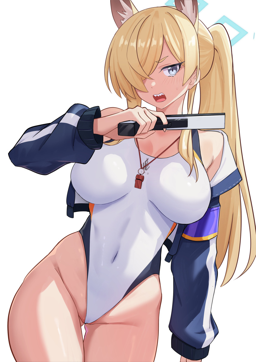 1girl absurdres blonde_hair blue_archive blue_eyes blue_halo blue_jacket blush boyin breasts competition_swimsuit covered_navel cowboy_shot dog hair_over_one_eye halo highres holding jacket kanna_(blue_archive) kanna_(swimsuit)_(blue_archive) large_breasts long_hair long_sleeves looking_at_viewer official_alternate_costume one-piece_swimsuit open_mouth ponytail sharp_teeth simple_background solo swimsuit teeth whistle whistle_around_neck white_background white_one-piece_swimsuit