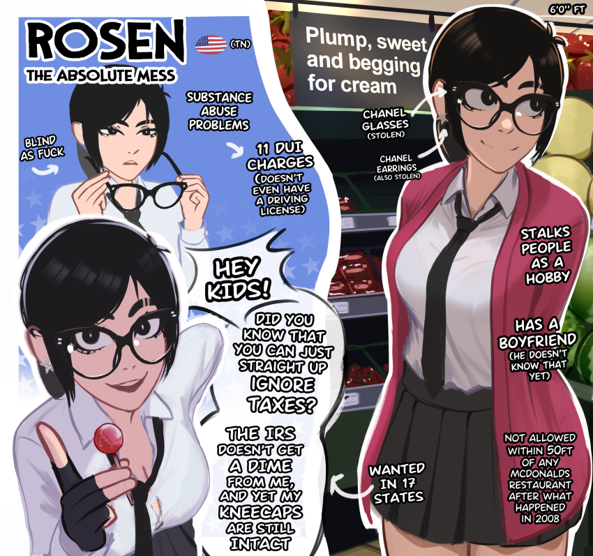 1girl absurdres american_flag arms_behind_back arrow_(symbol) black_eyes black_hair black_necktie breasts bursting_breasts candy cardigan character_name character_profile cleavage dress_shirt earrings english_text fingerless_gloves food glasses gloves height highres holding holding_candy holding_food holding_lollipop holding_removed_eyewear jewelry large_breasts lollipop loose_necktie miniskirt multiple_views necktie original pink_cardigan pleated_skirt pointing rosen_(veyonis) shirt skirt unworn_eyewear veyonis