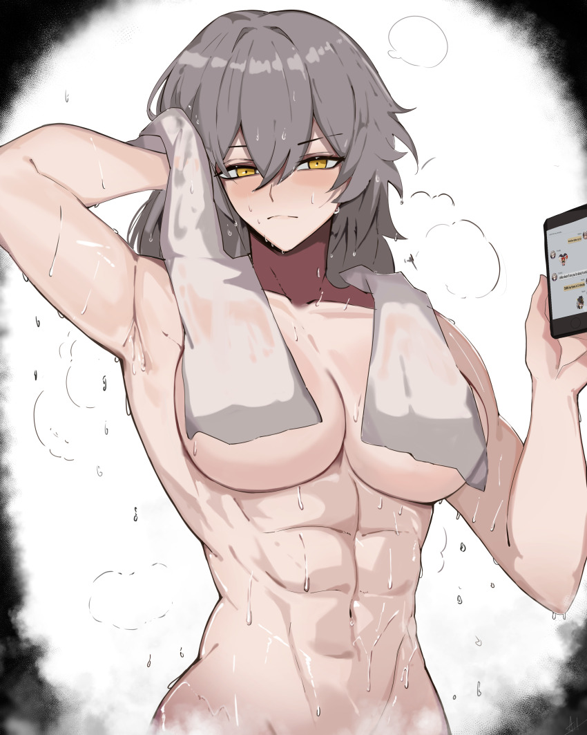 1girl abs absurdres arnkun biceps breasts cellphone convenient_censoring covered_erect_nipples dripping grey_hair groin highres honkai:_star_rail honkai_(series) large_breasts long_hair looking_at_viewer muscular muscular_female navel nude phone smartphone steam stelle_(honkai:_star_rail) towel towel_around_neck towel_over_breasts trailblazer_(honkai:_star_rail) wet yellow_eyes