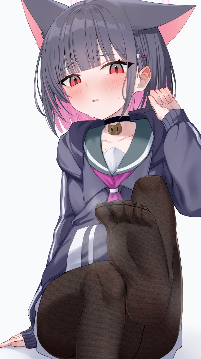 1girl absurdres animal_ears arm_at_side black_choker black_hair black_hoodie black_pantyhose blue_archive blunt_bangs blunt_ends blush bob_cut cat_choker cat_ears cat_girl choker clenched_hand collarbone colored_inner_animal_ears colored_inner_hair commentary ear_blush embarrassed extra_ears eyelashes feet foot_out_of_frame foot_up furrowed_brow green_sailor_collar hair_behind_ear hair_ornament hairclip halo hand_up highres hood hood_down hoodie kazusa_(blue_archive) looking_at_viewer medium_hair multicolored_hair neckerchief no_shoes open_mouth pantyhose pink_hair pink_halo pink_neckerchief presenting_foot red_eyes sailor_collar school_uniform serafuku simple_background sitting sleeves_past_wrists soles solo sweat symbol-only_commentary toes tsurime wendao white_background