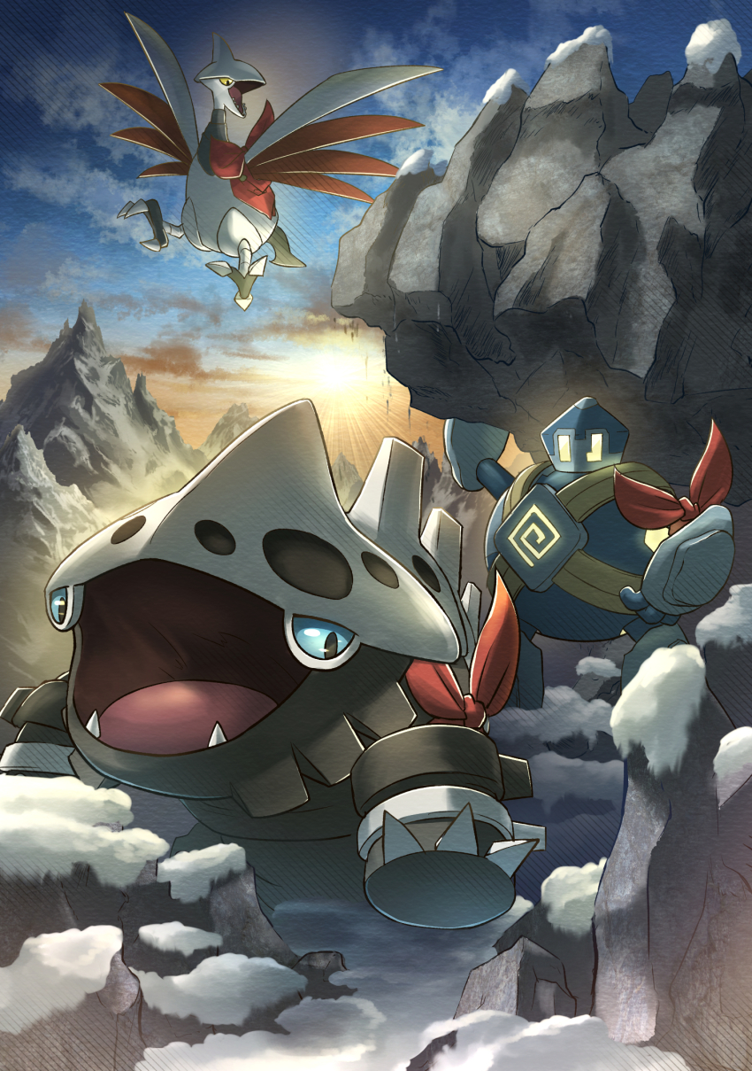 arm_ribbon blue_eyes claws cloud commentary_request day fangs gen_2_pokemon gen_3_pokemon gen_5_pokemon glowing golett highres holding lairon nintendo open_mouth outdoors pokemon pokemon_(creature) pokemon_mystery_dungeon ribbon skarmory sky snow standing tongue yamaori_(hakkentai_pokedan) yellow_eyes