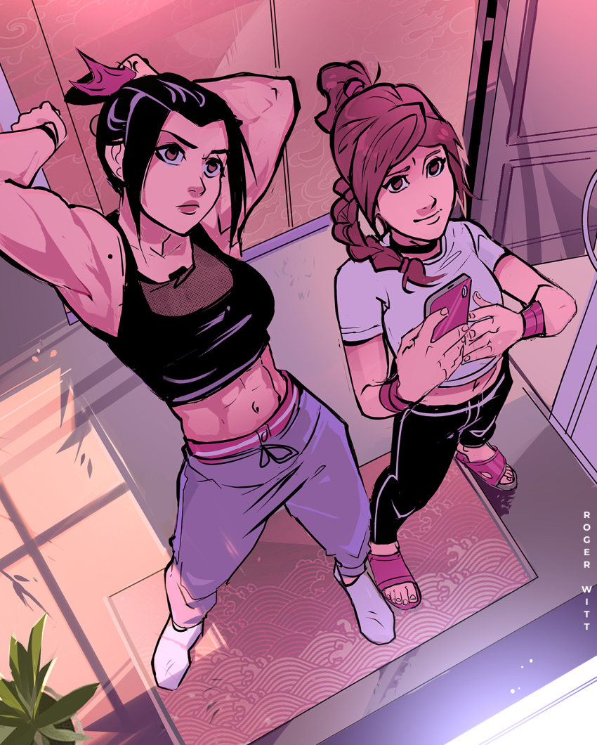 2girls arms_up artist_name avatar:_the_last_airbender avatar_legends azula black_hair bracelet braid braided_ponytail brown_eyes brown_hair carpet cellphone contemporary crop_top from_above highres holding holding_phone jewelry looking_up mole mole_on_armpit multiple_girls muscular muscular_female navel open_door pants phone plant ponytail rogerwitt sandals seigaiha shadow shirt short_sleeves sleeveless sleeveless_shirt stretching toned topknot track_pants ty_lee white_shirt