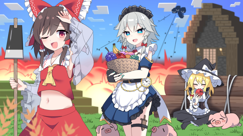 3girls adapted_costume alternate_headwear_color apron aqua_nails ascot banana basket black_headdress blonde_hair blue_eyes blue_sky blush bow braid breasts brown_hair cloud commentary_request day detached_sleeves e.o. eating explosion food frilled_bow frilled_hair_tubes frills fruit grapes grey_hair hair_bow hair_tubes hakurei_reimu hat hat_bow highres hoe holding holding_basket holding_hoe izayoi_sakuya kirisame_marisa knife long_hair maid maid_headdress midriff minecraft minecraft_(style) multiple_girls navel one_eye_closed open_mouth outdoors peach pig pocket_watch red_bow red_eyes red_skirt see-through_clothes see-through_sleeves short_sleeves side_braid single_braid sitting skirt skirt_set sky smile thigh_strap tomato touhou twin_braids waist_apron watch white_apron white_bow witch_hat wither_(minecraft) yellow_ascot