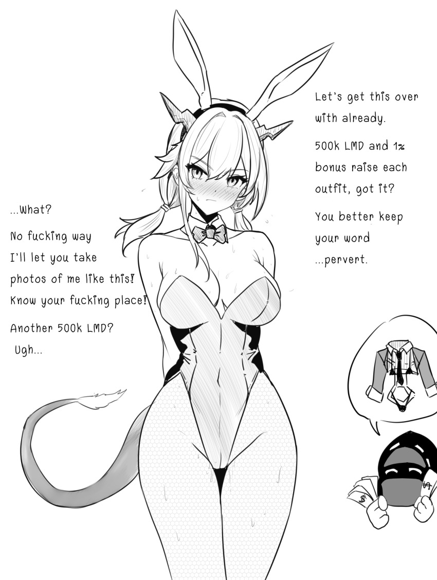 1girl 1other animal_ears arknights arms_behind_back bare_shoulders blush bow bowtie breasts ch&#039;en_(arknights) chibi chibi_inset cleavage closed_mouth commentary covered_navel cum cum_on_body detached_collar doctor_(arknights) dragon_girl dragon_horns dragon_tail english_commentary english_text fake_animal_ears fishnet_pantyhose fishnets gladius_pvp greyscale hairband highleg highleg_leotard highres holding holding_money horns large_breasts leotard long_hair looking_at_viewer mask money monochrome nose_blush pantyhose playboy_bunny rabbit_ears simple_background solo_focus spoken_object strapless strapless_leotard tail traditional_bowtie v-shaped_eyebrows white_background