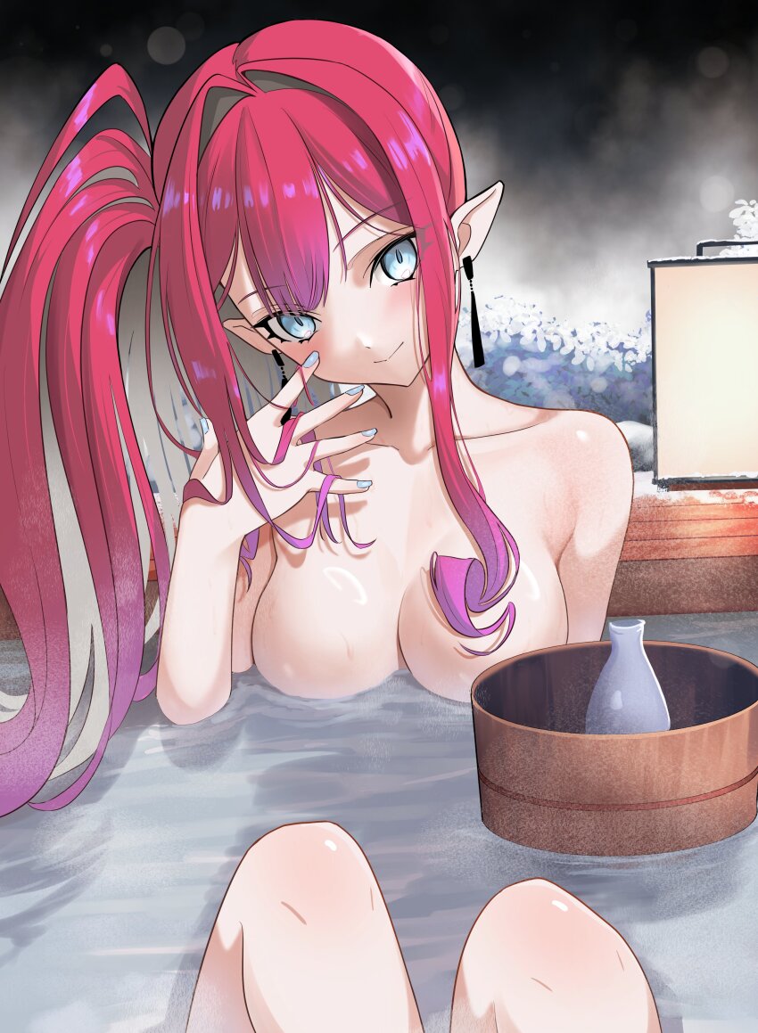 1girl absurdres baobhan_sith_(fate) bathing blush breasts collarbone earrings fate/grand_order fate_(series) grey_eyes highres jewelry large_breasts long_hair longdq3008 looking_at_viewer nude pink_hair pointy_ears side_ponytail sidelocks smile solo water wet